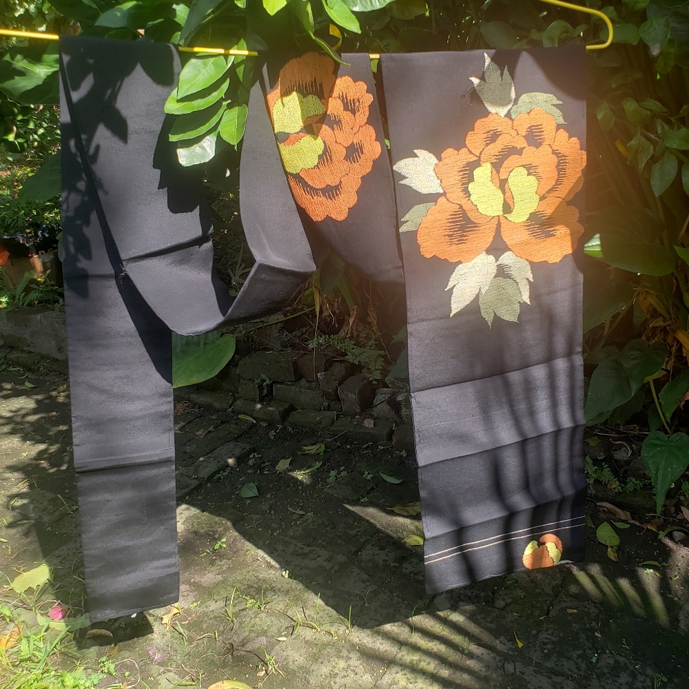 Vintage Japanese Obi Black with Orange Flowers
